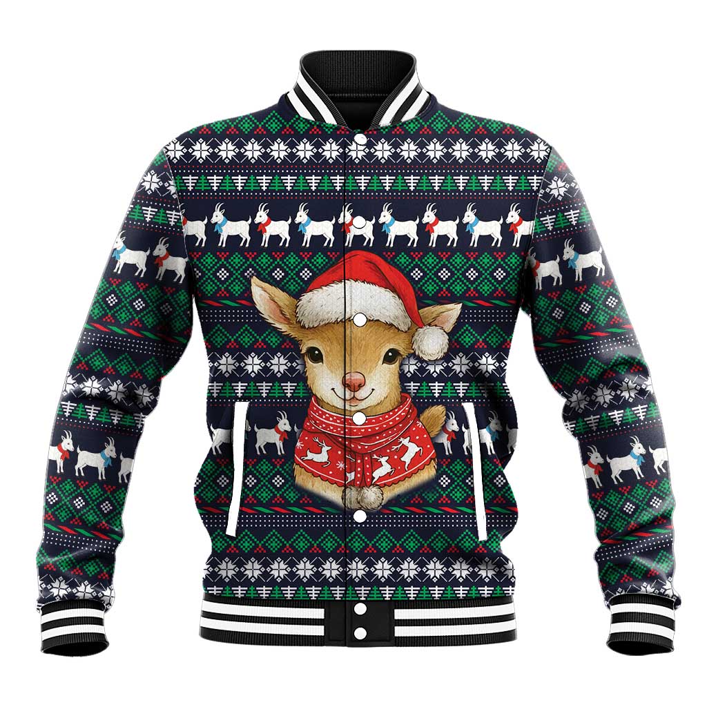 Cute Reindeer in Santa Hat Baseball Jacket with Red Green Snowflake Knit Pattern Design - Wonder Print Shop