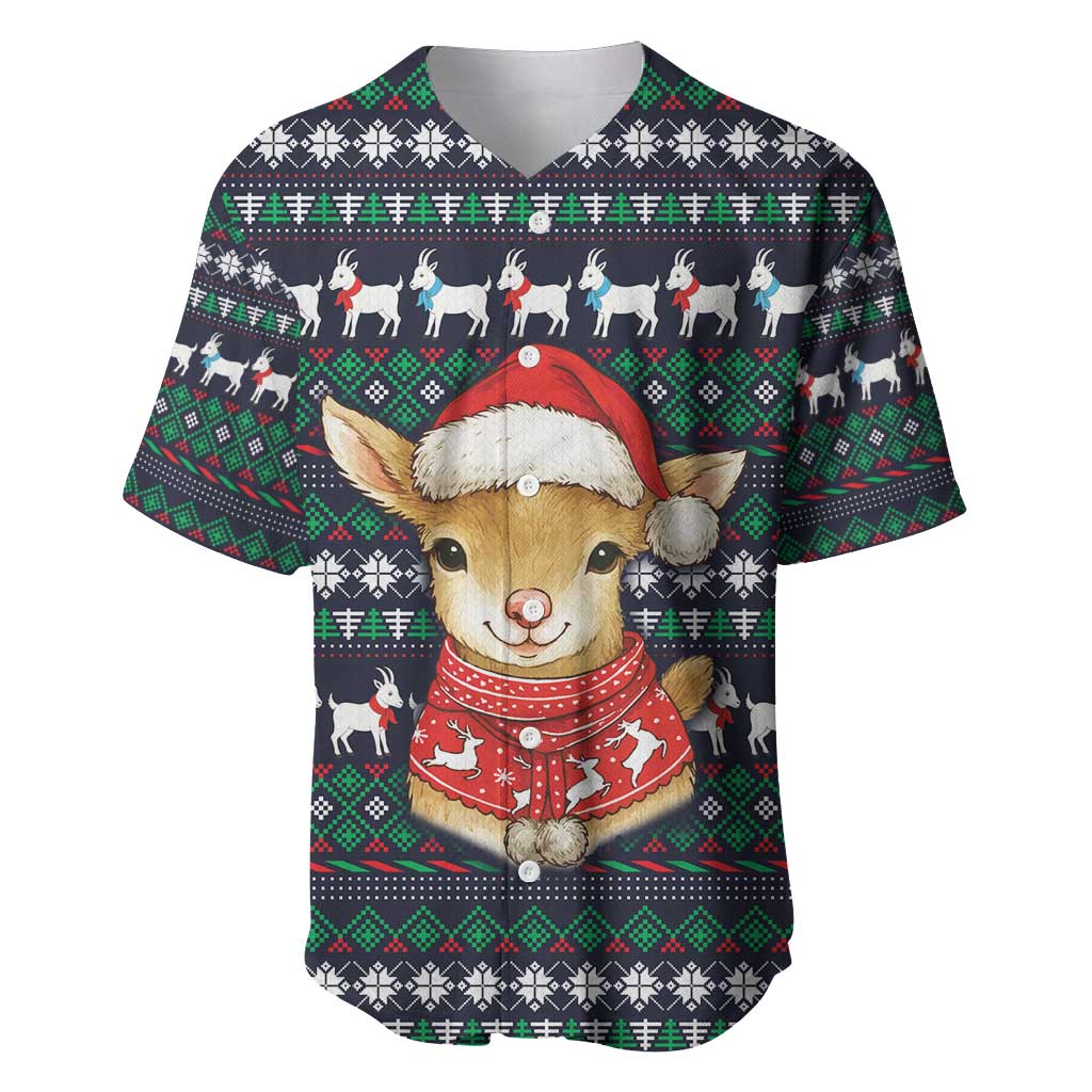 Cute Reindeer in Santa Hat Baseball Jersey with Red Green Snowflake Knit Pattern Design - Wonder Print Shop