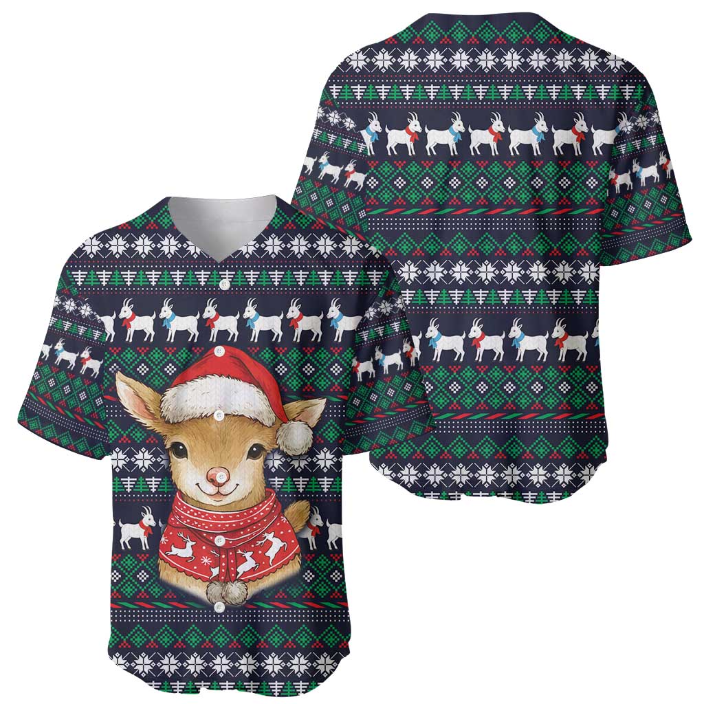Cute Reindeer in Santa Hat Baseball Jersey with Red Green Snowflake Knit Pattern Design - Wonder Print Shop