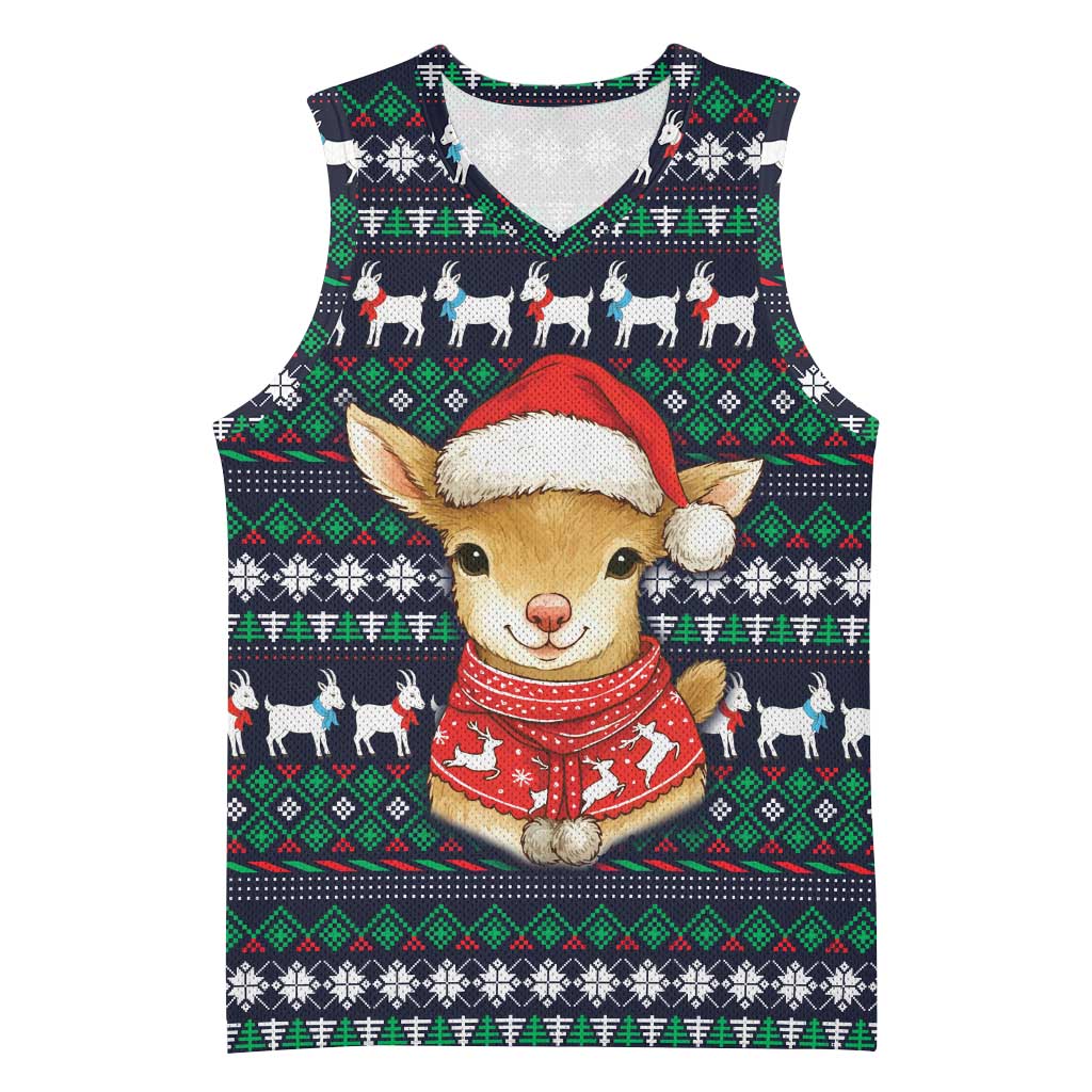 Cute Reindeer in Santa Hat Basketball Jersey with Red Green Snowflake Knit Pattern Design - Wonder Print Shop
