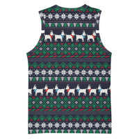 Cute Reindeer in Santa Hat Basketball Jersey with Red Green Snowflake Knit Pattern Design - Wonder Print Shop