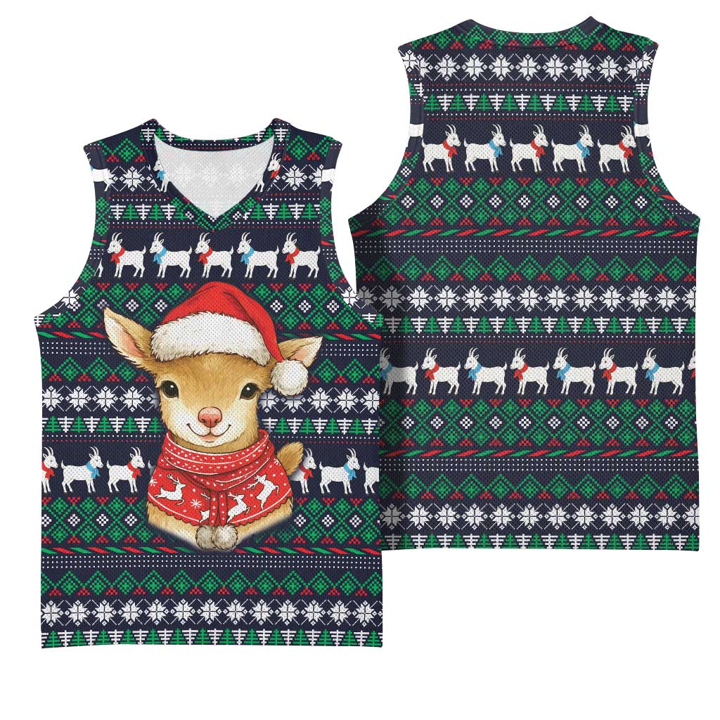 Cute Reindeer in Santa Hat Basketball Jersey with Red Green Snowflake Knit Pattern Design - Wonder Print Shop