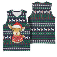 Cute Reindeer in Santa Hat Basketball Jersey with Red Green Snowflake Knit Pattern Design - Wonder Print Shop