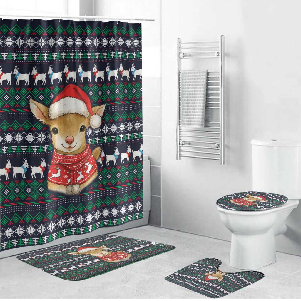 Cute Reindeer in Santa Hat Bathroom Set with Red Green Snowflake Knit Pattern Design - Wonder Print Shop