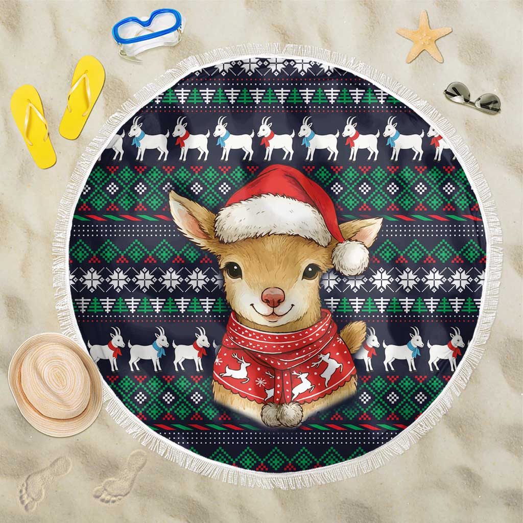 Cute Reindeer in Santa Hat Beach Blanket with Red Green Snowflake Knit Pattern Design - Wonder Print Shop