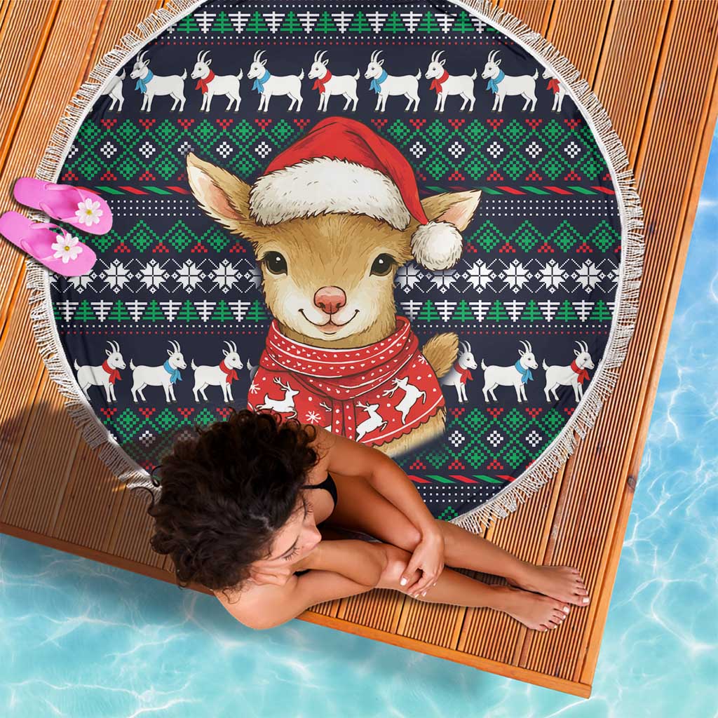Cute Reindeer in Santa Hat Beach Blanket with Red Green Snowflake Knit Pattern Design - Wonder Print Shop