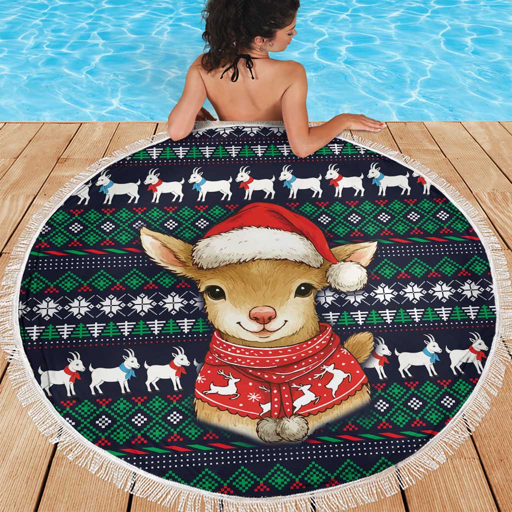 Cute Reindeer in Santa Hat Beach Blanket with Red Green Snowflake Knit Pattern Design - Wonder Print Shop