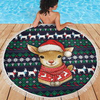 Cute Reindeer in Santa Hat Beach Blanket with Red Green Snowflake Knit Pattern Design - Wonder Print Shop