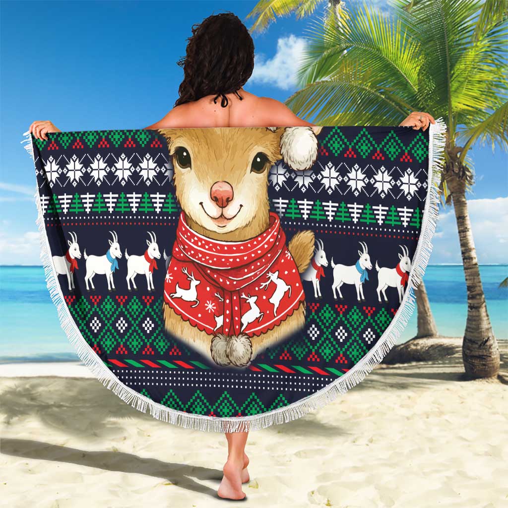 Cute Reindeer in Santa Hat Beach Blanket with Red Green Snowflake Knit Pattern Design - Wonder Print Shop