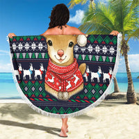Cute Reindeer in Santa Hat Beach Blanket with Red Green Snowflake Knit Pattern Design - Wonder Print Shop