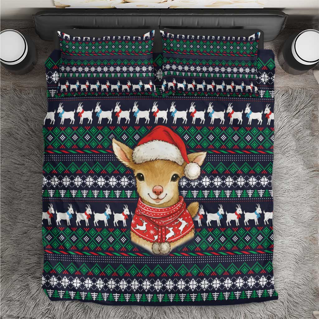 Cute Reindeer in Santa Hat Bedding Set with Red Green Snowflake Knit Pattern Design - Wonder Print Shop