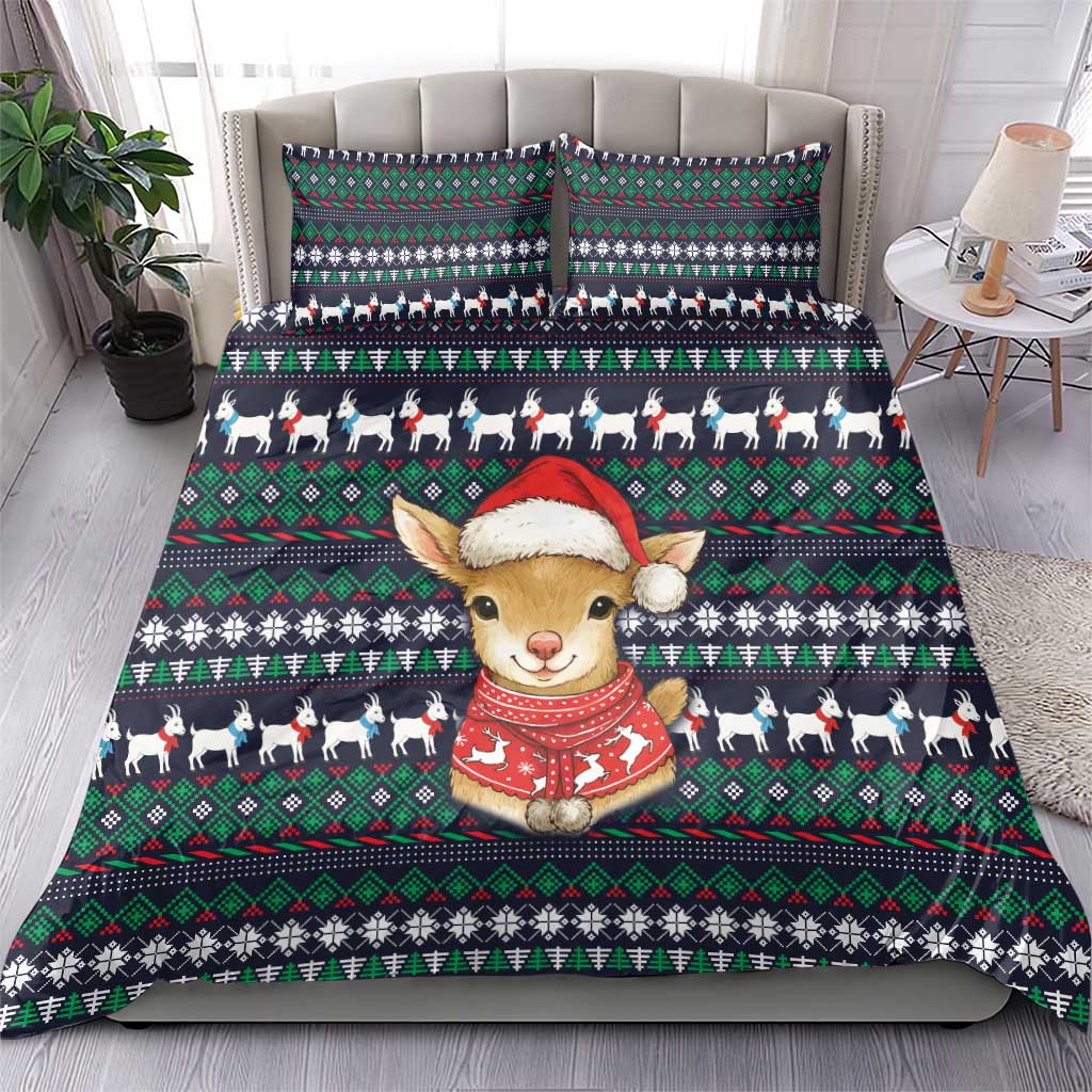 Cute Reindeer in Santa Hat Bedding Set with Red Green Snowflake Knit Pattern Design - Wonder Print Shop