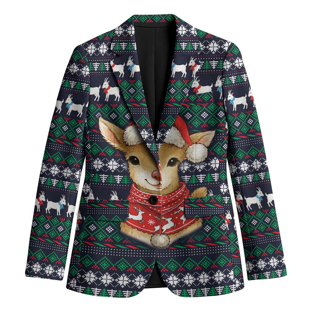 Cute Reindeer in Santa Hat Blazer with Red Green Snowflake Knit Pattern Design - Wonder Print Shop