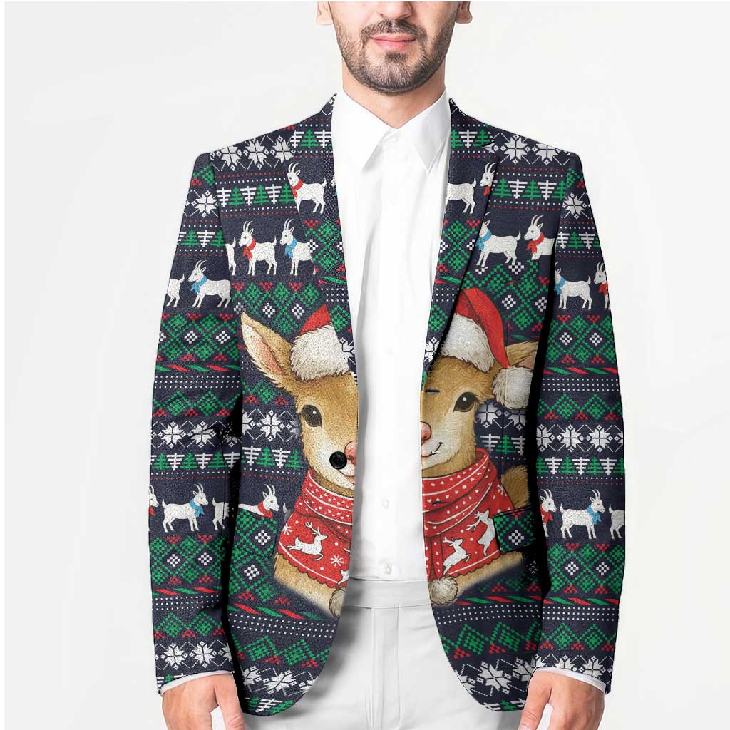 Cute Reindeer in Santa Hat Blazer with Red Green Snowflake Knit Pattern Design - Wonder Print Shop