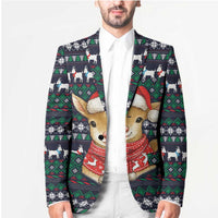 Cute Reindeer in Santa Hat Blazer with Red Green Snowflake Knit Pattern Design - Wonder Print Shop