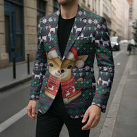 Cute Reindeer in Santa Hat Blazer with Red Green Snowflake Knit Pattern Design - Wonder Print Shop