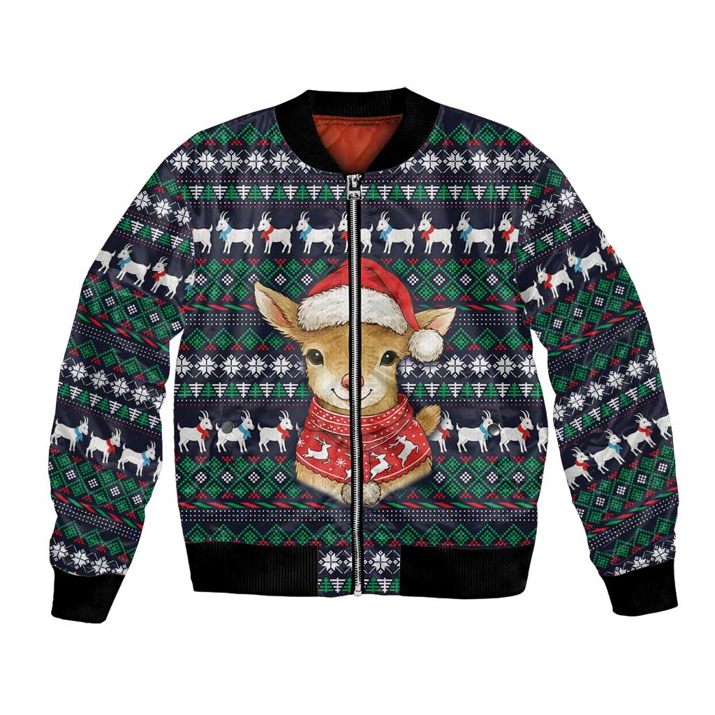 Cute Reindeer in Santa Hat Bomber Jacket with Red Green Snowflake Knit Pattern Design - Wonder Print Shop