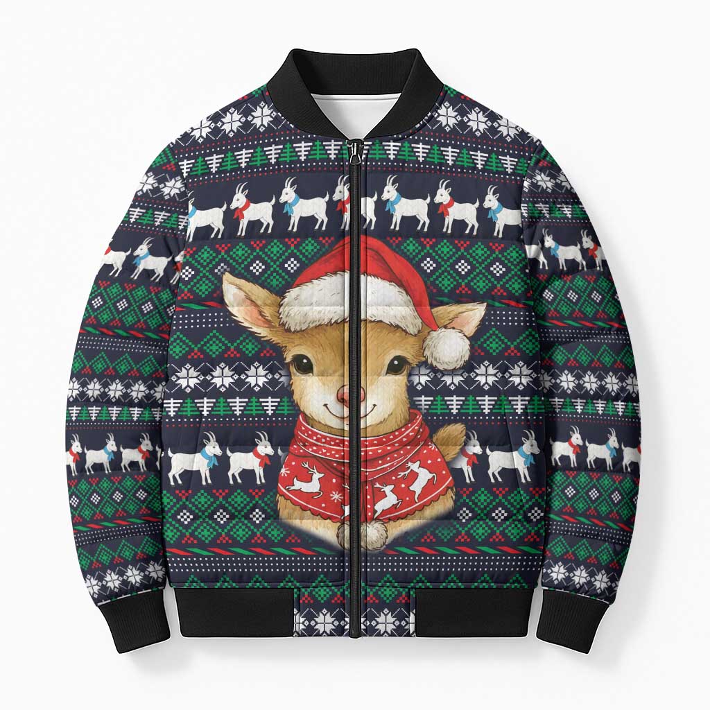 Cute Reindeer in Santa Hat Bomber Puffer Jacket with Red Green Snowflake Knit Pattern Design - Wonder Print Shop
