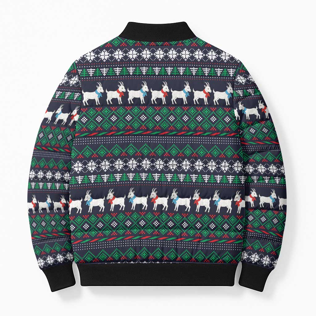 Cute Reindeer in Santa Hat Bomber Puffer Jacket with Red Green Snowflake Knit Pattern Design - Wonder Print Shop