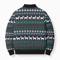 Cute Reindeer in Santa Hat Bomber Puffer Jacket with Red Green Snowflake Knit Pattern Design - Wonder Print Shop