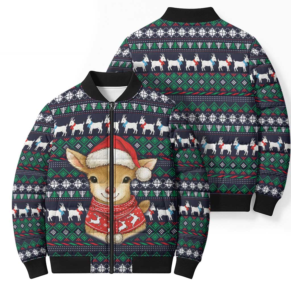 Cute Reindeer in Santa Hat Bomber Puffer Jacket with Red Green Snowflake Knit Pattern Design - Wonder Print Shop