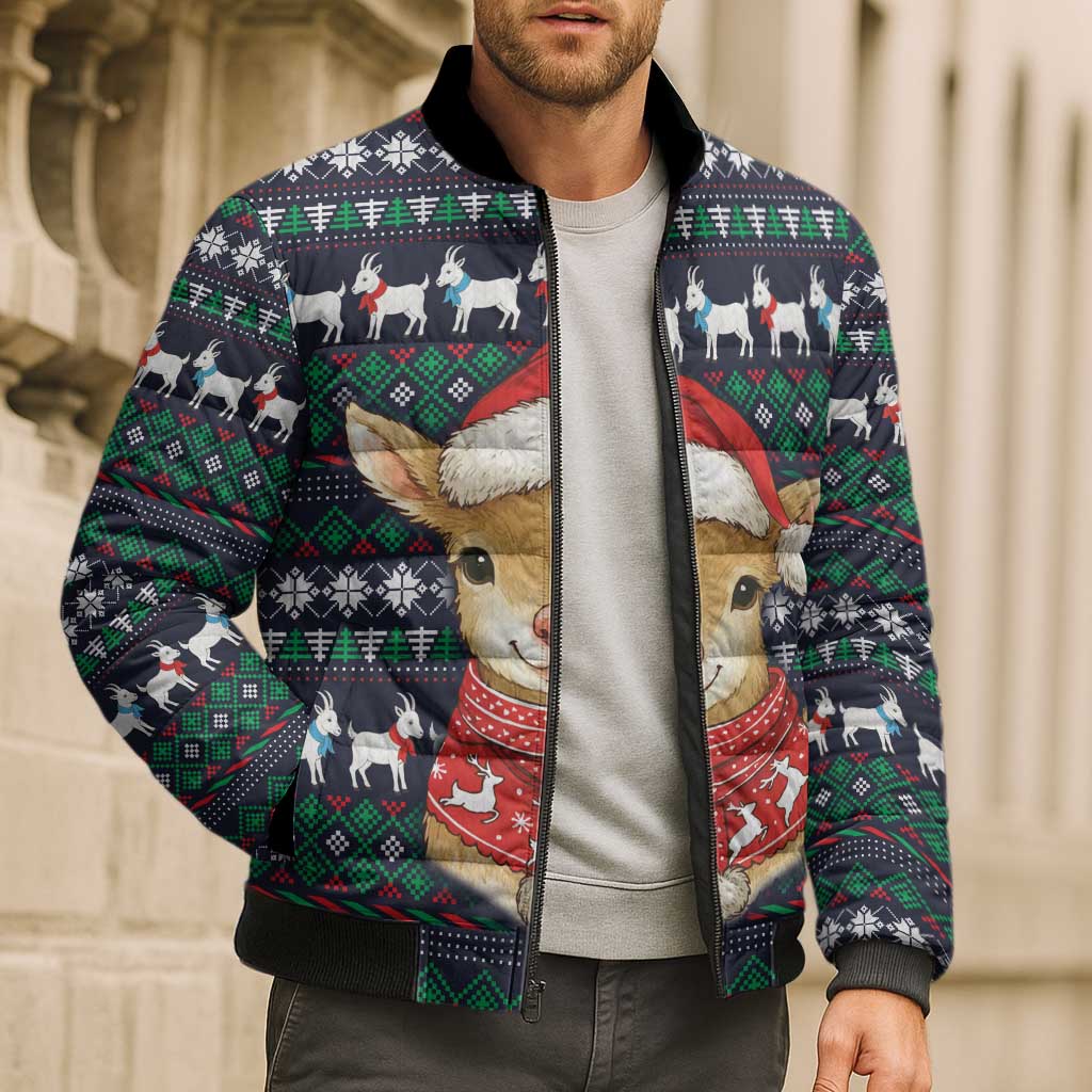 Cute Reindeer in Santa Hat Bomber Puffer Jacket with Red Green Snowflake Knit Pattern Design - Wonder Print Shop