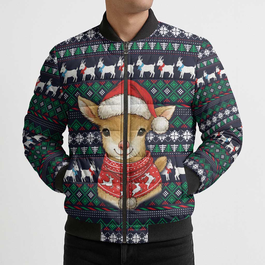 Cute Reindeer in Santa Hat Bomber Puffer Jacket with Red Green Snowflake Knit Pattern Design - Wonder Print Shop