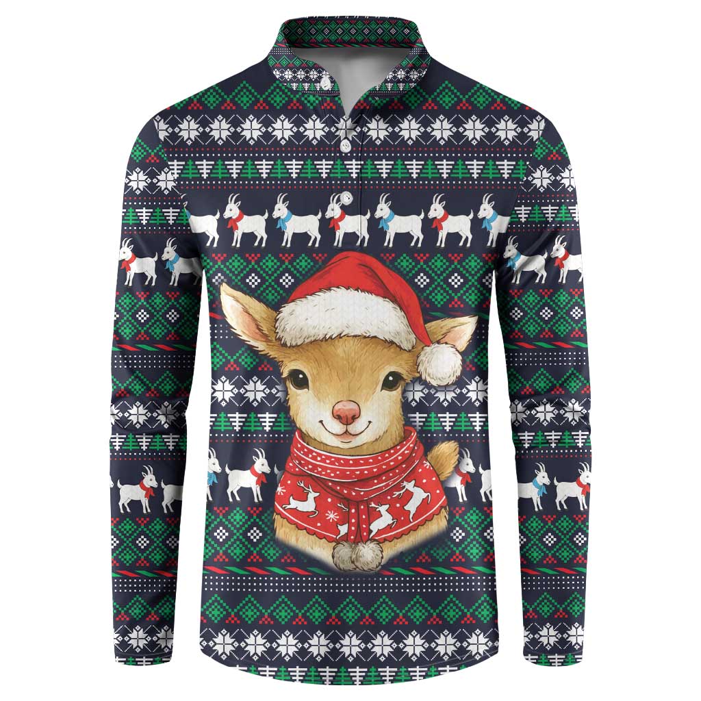 Cute Reindeer in Santa Hat Button Sweatshirt with Red Green Snowflake Knit Pattern Design - Wonder Print Shop