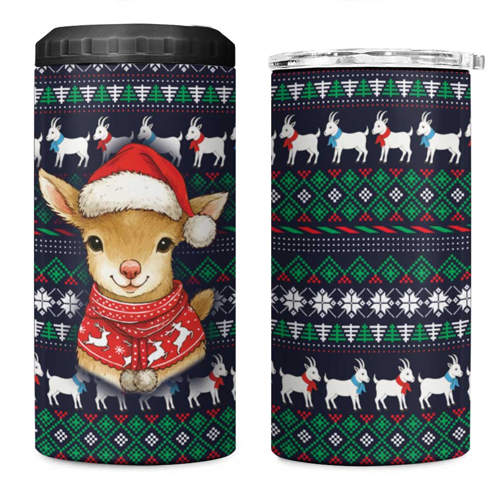 Cute Reindeer in Santa Hat 4 in 1 Can Cooler Tumbler with Red Green Snowflake Knit Pattern Design - Wonder Print Shop