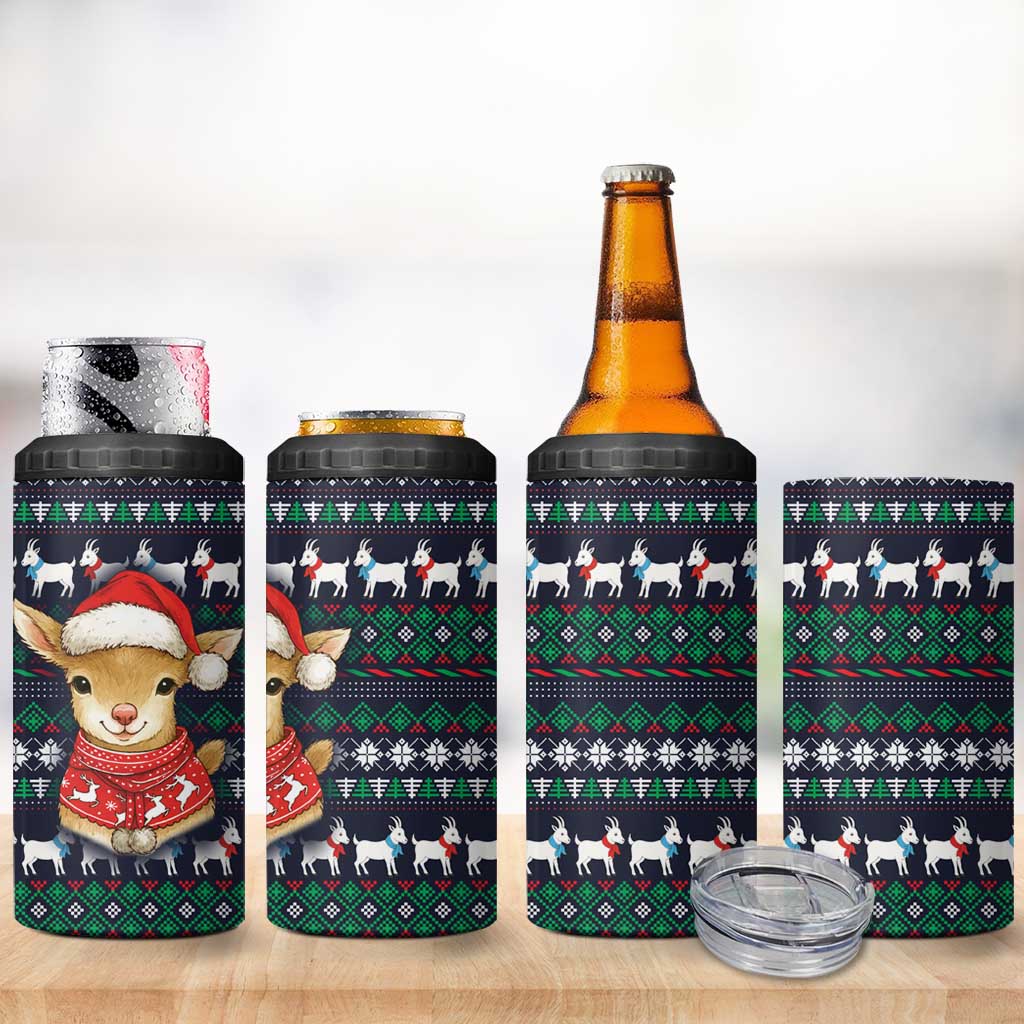 Cute Reindeer in Santa Hat 4 in 1 Can Cooler Tumbler with Red Green Snowflake Knit Pattern Design - Wonder Print Shop