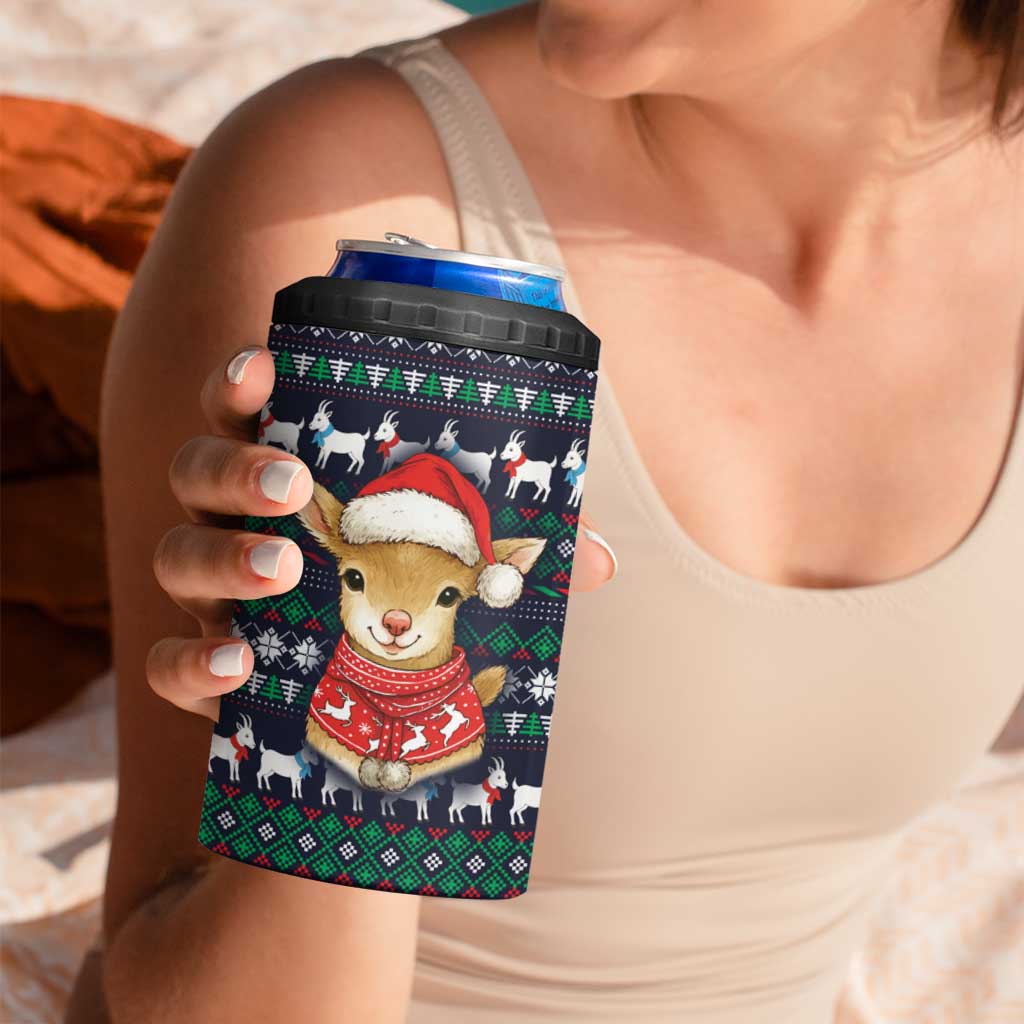 Cute Reindeer in Santa Hat 4 in 1 Can Cooler Tumbler with Red Green Snowflake Knit Pattern Design - Wonder Print Shop