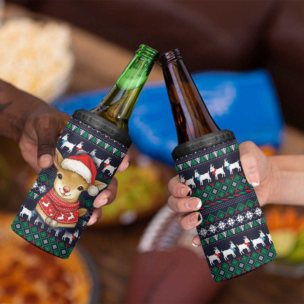 Cute Reindeer in Santa Hat 4 in 1 Can Cooler Tumbler with Red Green Snowflake Knit Pattern Design - Wonder Print Shop