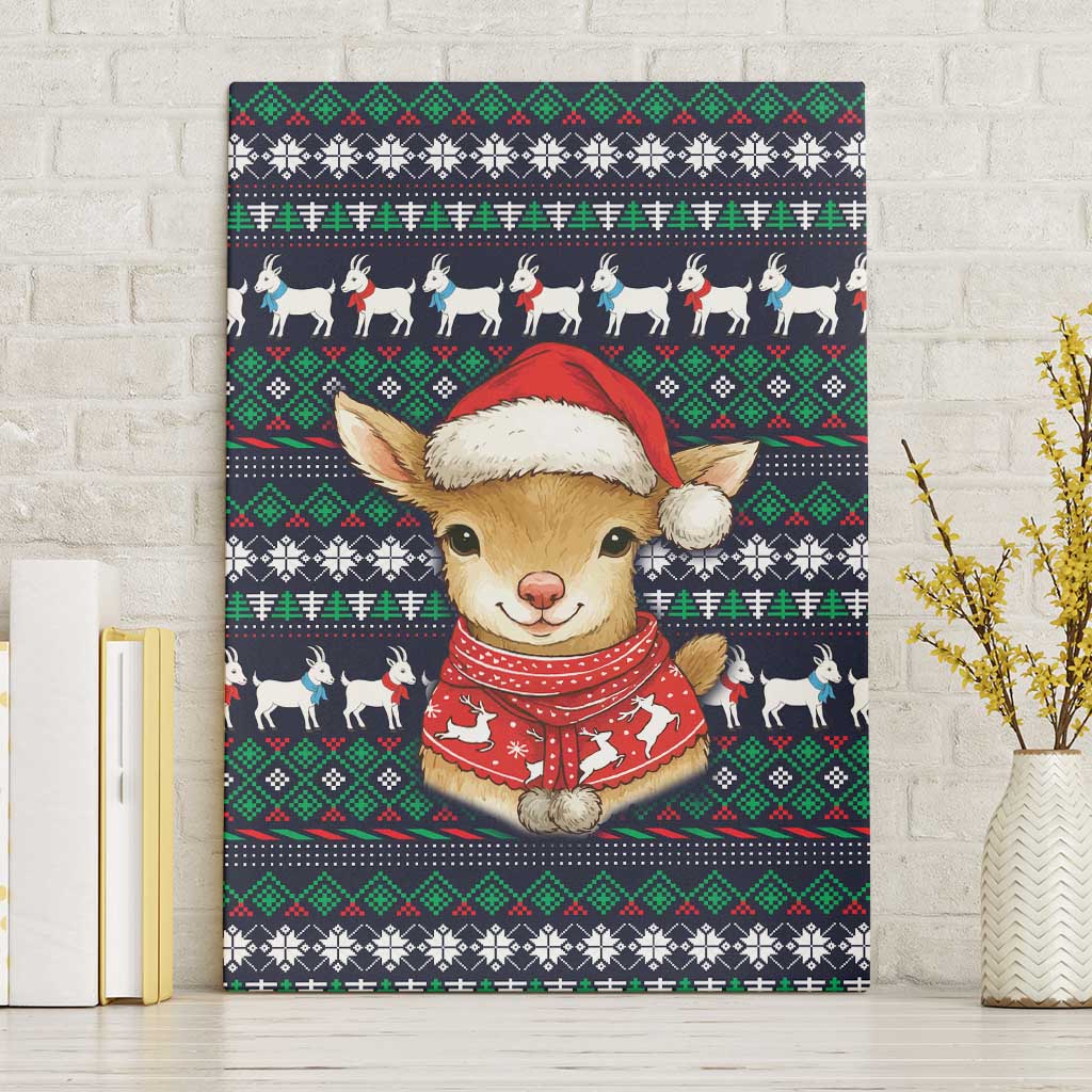 Cute Reindeer in Santa Hat Canvas Wall Art with Red Green Snowflake Knit Pattern Design - Wonder Print Shop