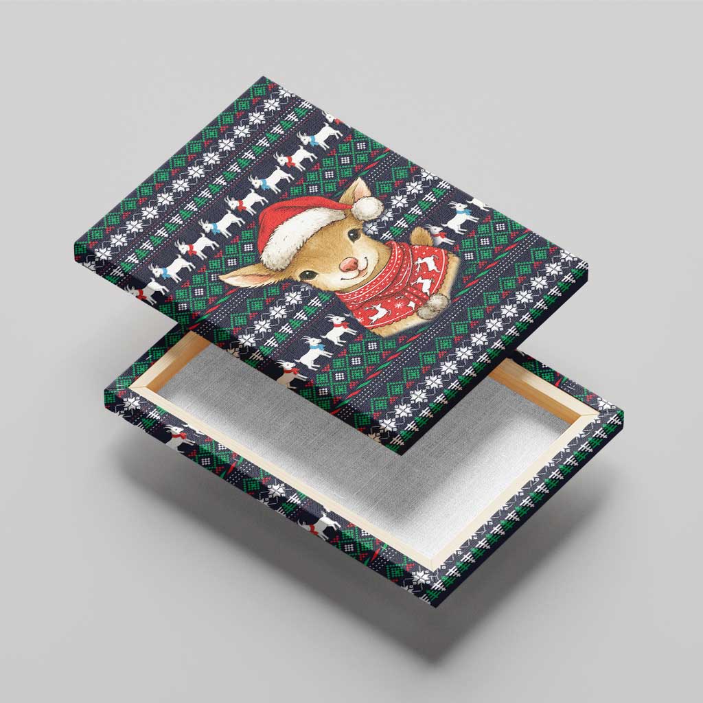 Cute Reindeer in Santa Hat Canvas Wall Art with Red Green Snowflake Knit Pattern Design - Wonder Print Shop