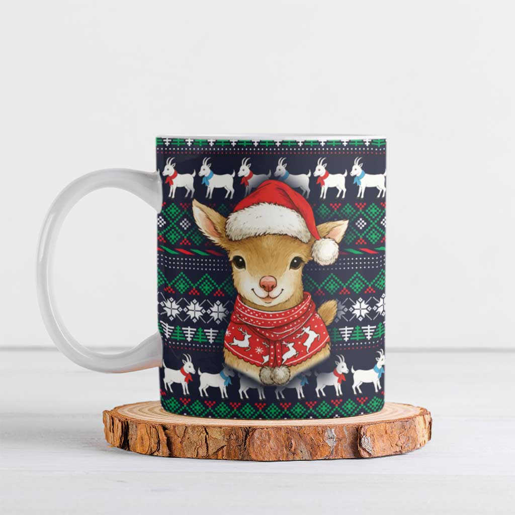 Cute Reindeer in Santa Hat Ceramic Mug with Red Green Snowflake Knit Pattern Design - Wonder Print Shop