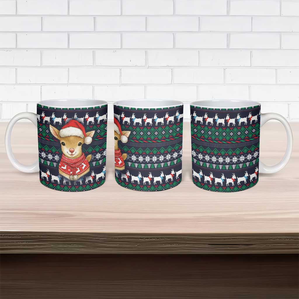 Cute Reindeer in Santa Hat Ceramic Mug with Red Green Snowflake Knit Pattern Design - Wonder Print Shop