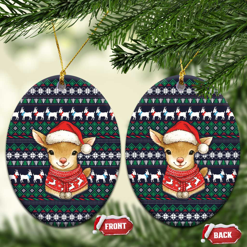 Cute Reindeer in Santa Hat Ceramic Ornament with Red Green Snowflake Knit Pattern Design - Wonder Print Shop