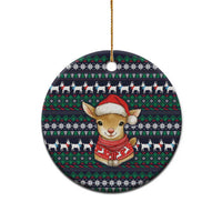 Cute Reindeer in Santa Hat Ceramic Ornament with Red Green Snowflake Knit Pattern Design - Wonder Print Shop