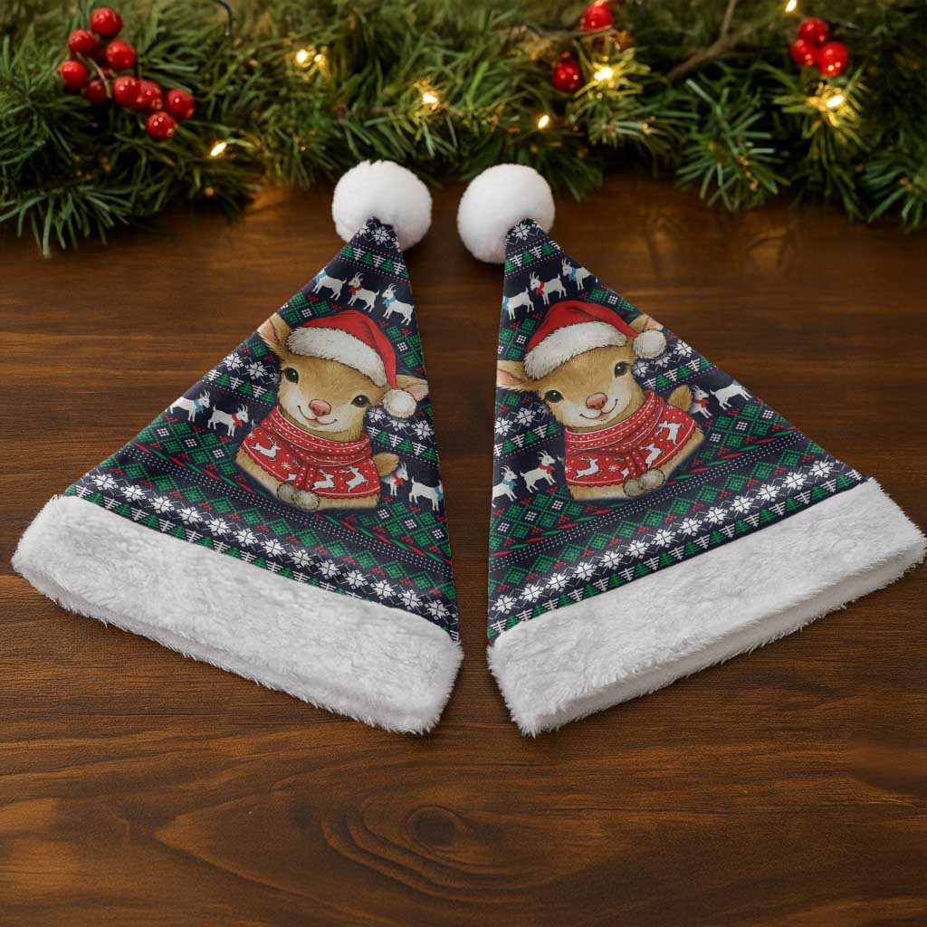 Cute Reindeer in Santa Hat Christmas Santa Hat with Red Green Snowflake Knit Pattern Design - Wonder Print Shop