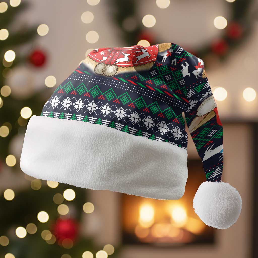 Cute Reindeer in Santa Hat Christmas Santa Hat with Red Green Snowflake Knit Pattern Design - Wonder Print Shop