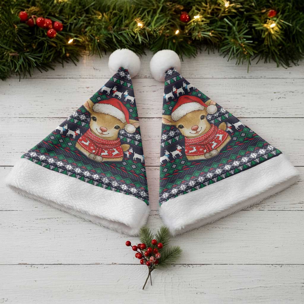 Cute Reindeer in Santa Hat Christmas Santa Hat with Red Green Snowflake Knit Pattern Design - Wonder Print Shop