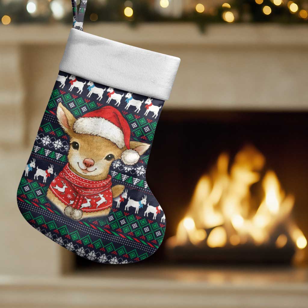 Cute Reindeer in Santa Hat Christmas Stocking with Red Green Snowflake Knit Pattern Design - Wonder Print Shop