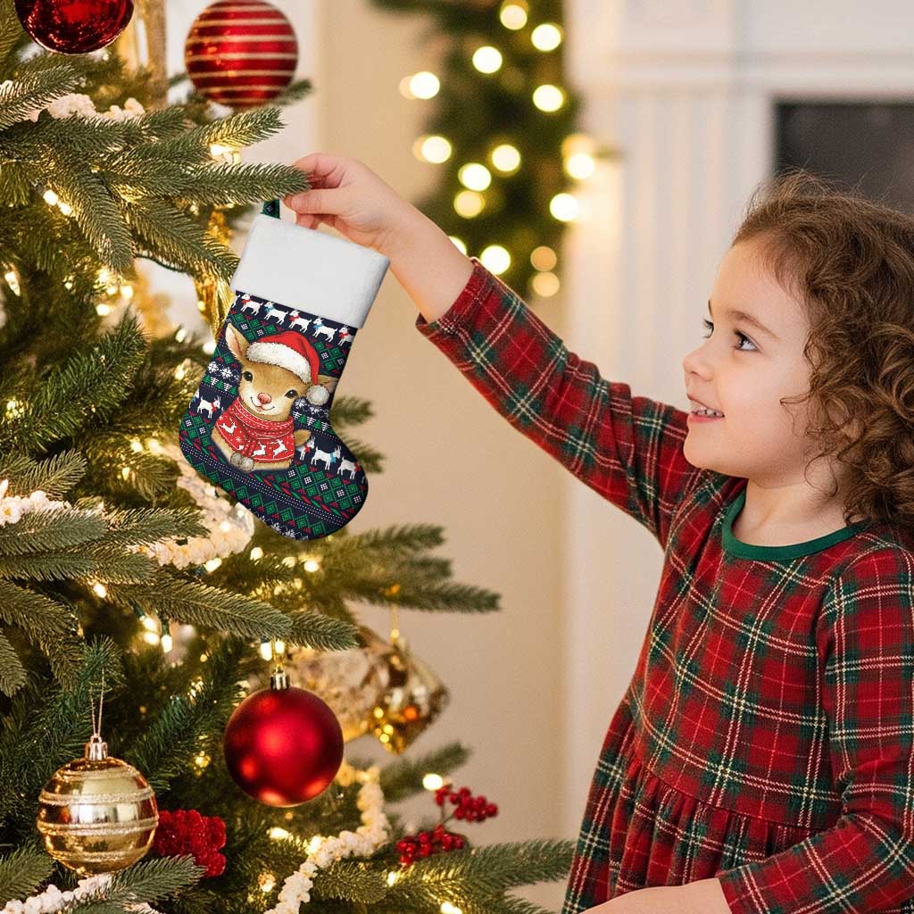 Cute Reindeer in Santa Hat Christmas Stocking with Red Green Snowflake Knit Pattern Design - Wonder Print Shop