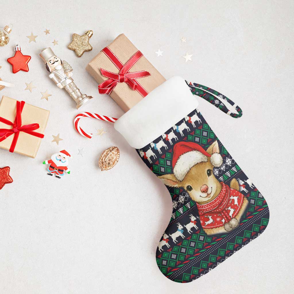 Cute Reindeer in Santa Hat Christmas Stocking with Red Green Snowflake Knit Pattern Design - Wonder Print Shop