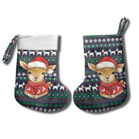 Cute Reindeer in Santa Hat Christmas Stocking with Red Green Snowflake Knit Pattern Design - Wonder Print Shop