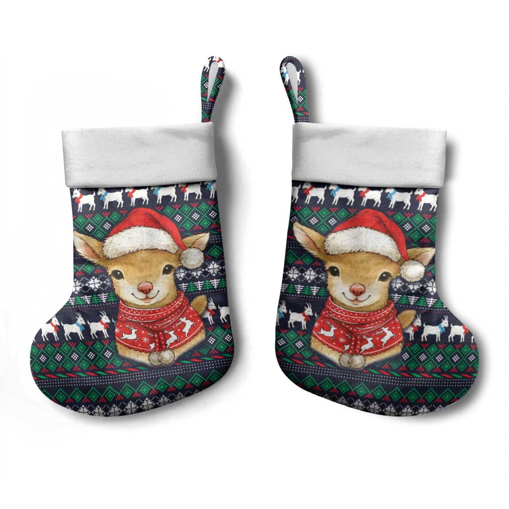 Cute Reindeer in Santa Hat Christmas Stocking with Red Green Snowflake Knit Pattern Design - Wonder Print Shop
