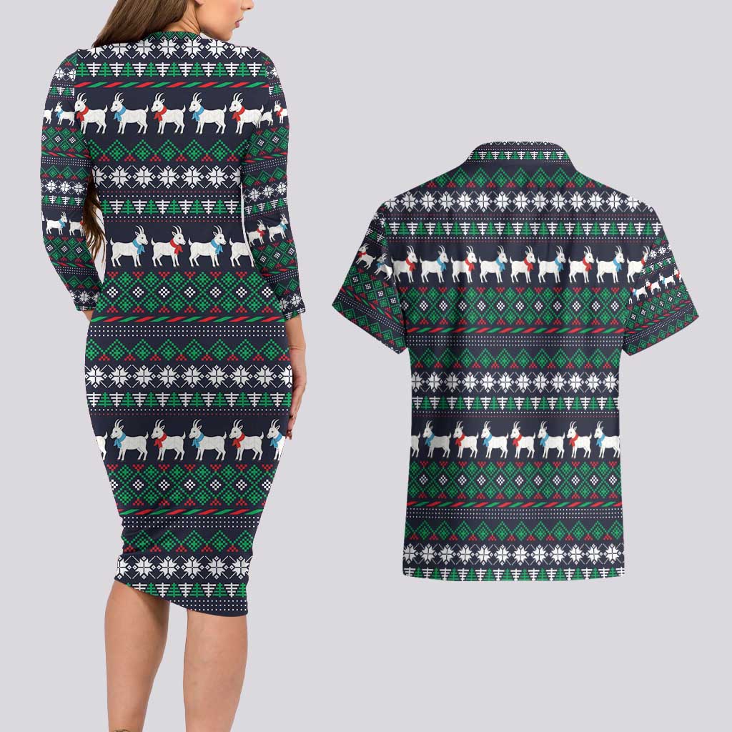 Cute Reindeer in Santa Hat Couples Matching Long Sleeve Bodycon Dress and Hawaiian Shirt with Red Green Snowflake Knit Pattern Design - Wonder Print Shop