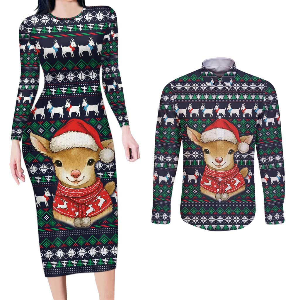 Cute Reindeer in Santa Hat Couples Matching Long Sleeve Bodycon Dress and Long Sleeve Button Shirt with Red Green Snowflake Knit Pattern Design - Wonder Print Shop