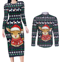 Cute Reindeer in Santa Hat Couples Matching Long Sleeve Bodycon Dress and Long Sleeve Button Shirt with Red Green Snowflake Knit Pattern Design - Wonder Print Shop