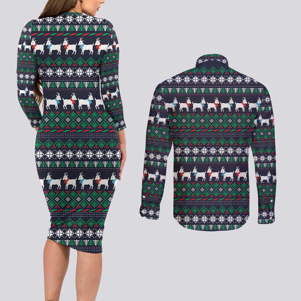 Cute Reindeer in Santa Hat Couples Matching Long Sleeve Bodycon Dress and Long Sleeve Button Shirt with Red Green Snowflake Knit Pattern Design - Wonder Print Shop